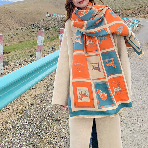 Gaelle Pashmina Scarf Orange & Blue