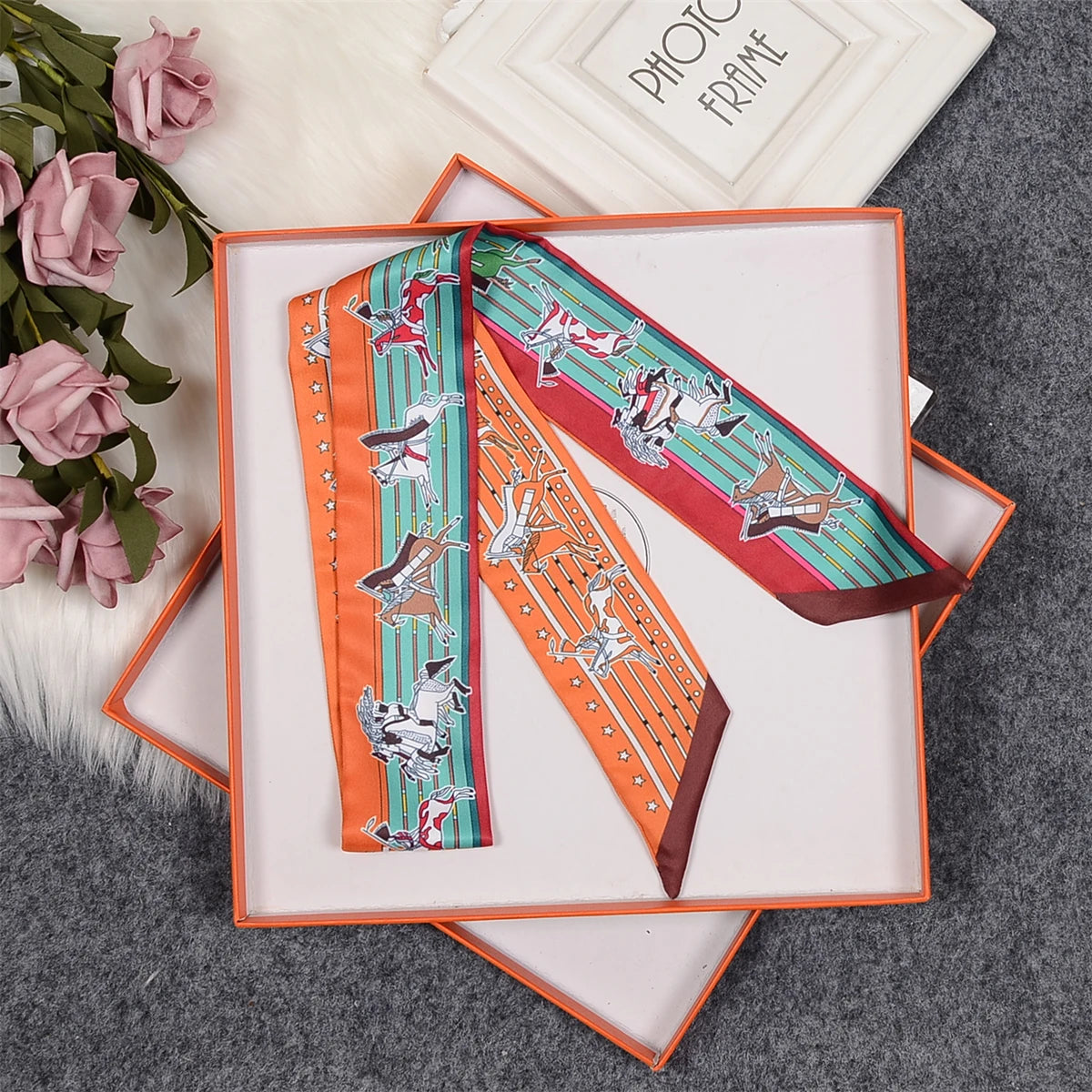 Nina Orange & Blue Twilly Skinny Scarf
