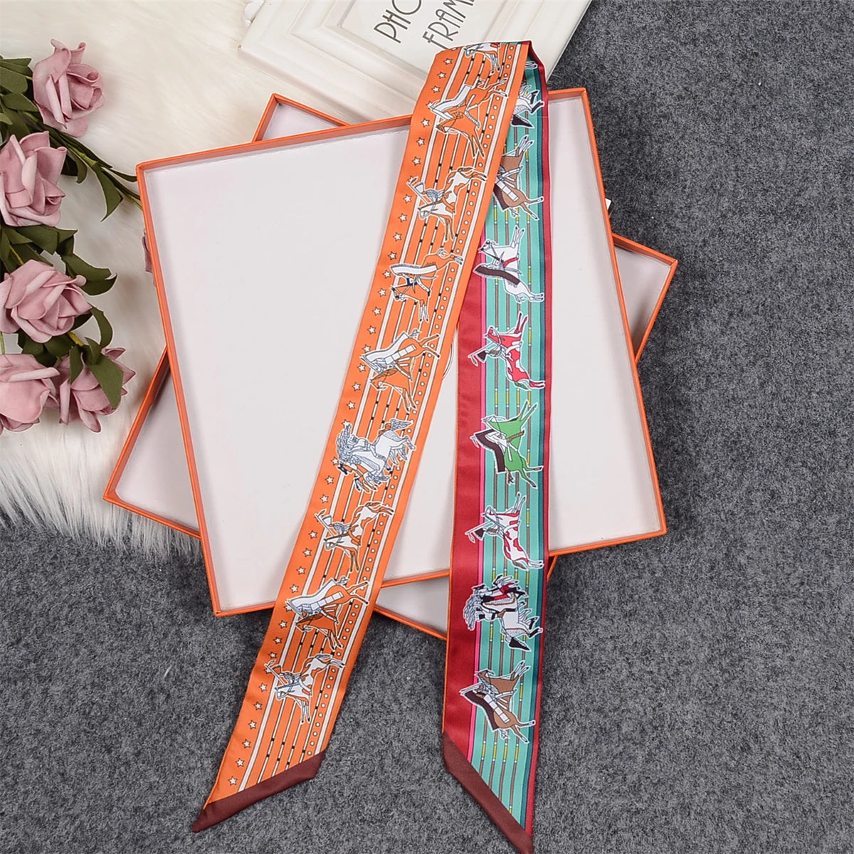 Nina Orange & Blue Twilly Skinny Scarf