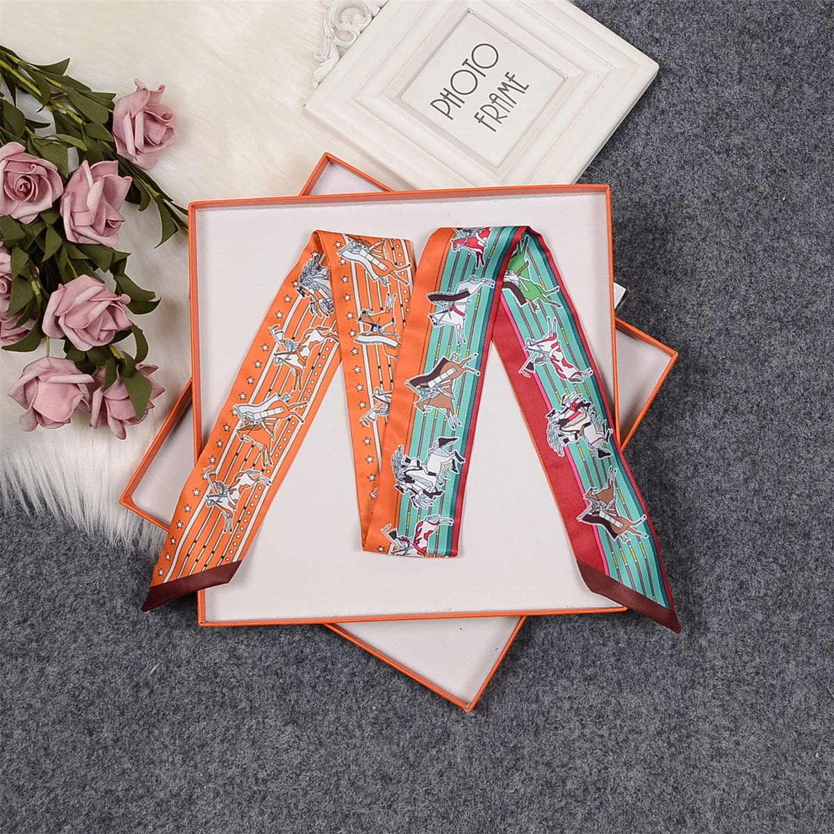 Nina Orange & Blue Twilly Skinny Scarf