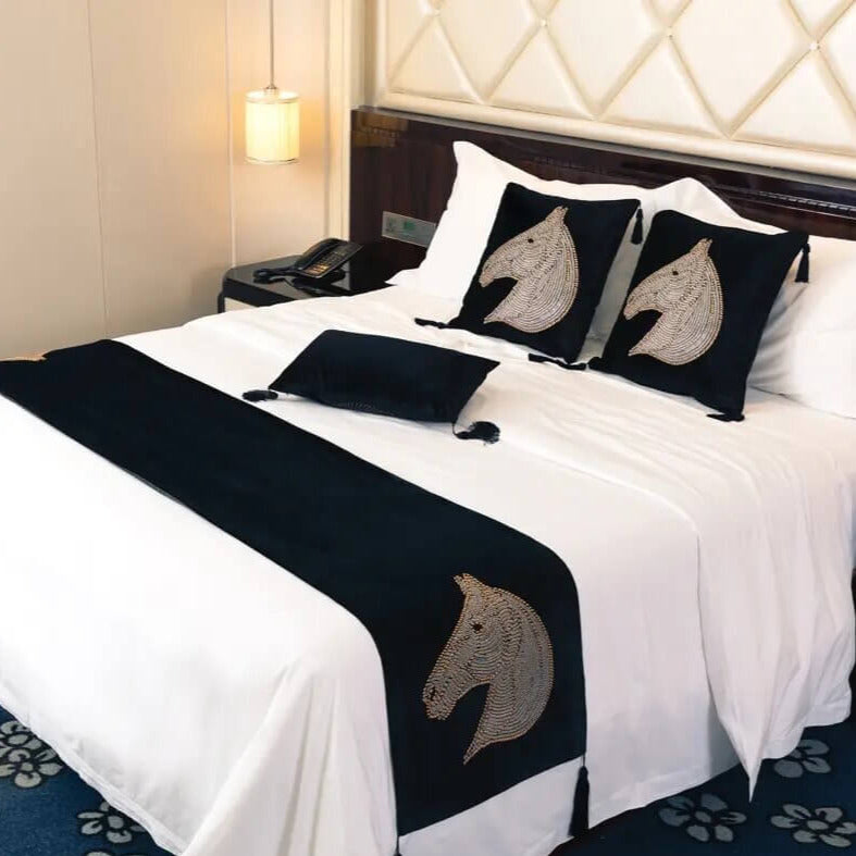 Beaded Horse Head Velvet Pillow Cover with Tassels / Black