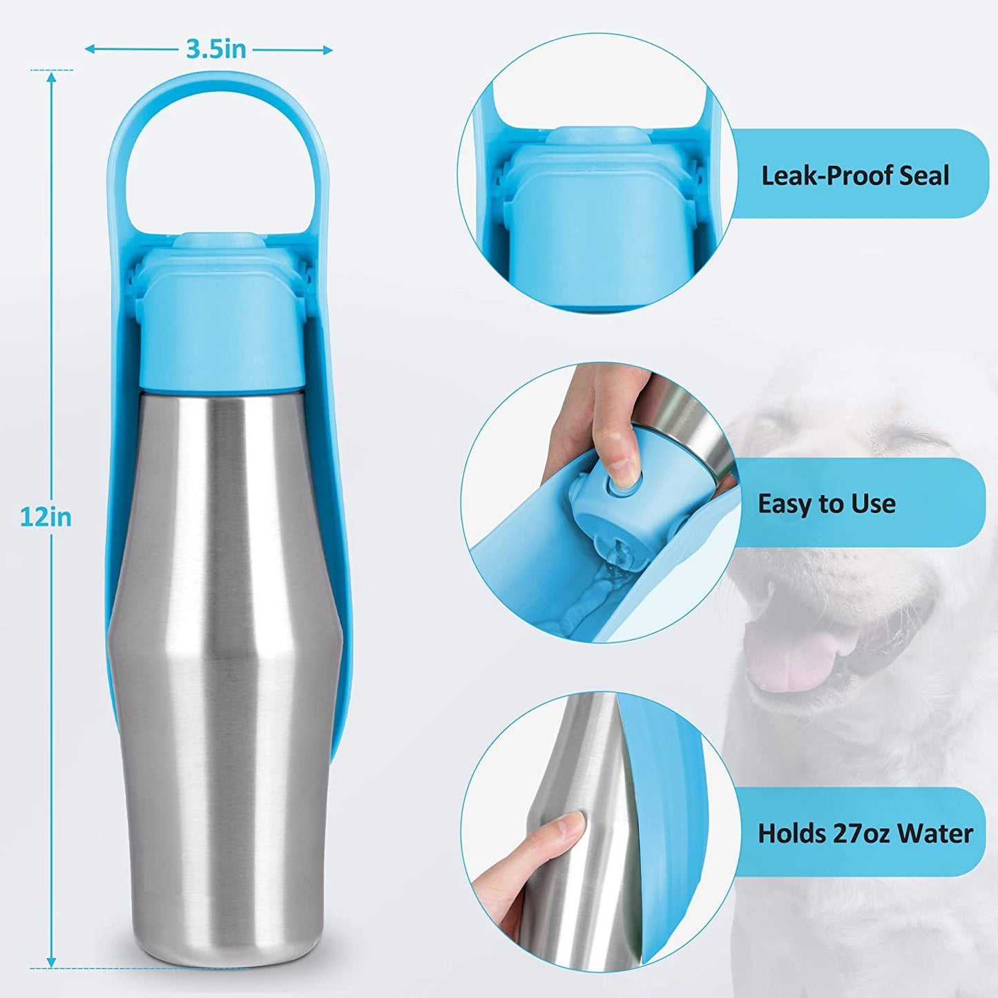 Insulated Dog Water Bottle | Stainless Steel | Portable & Foldable | Leak-Proof | 27oz/750ml