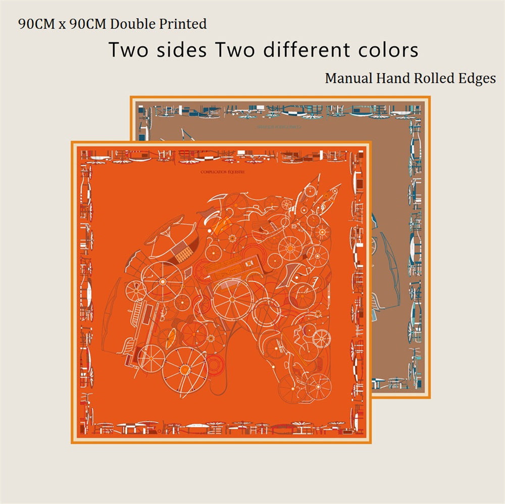 Horse Head Orange & Coffee Double Print Scarf / 90cm