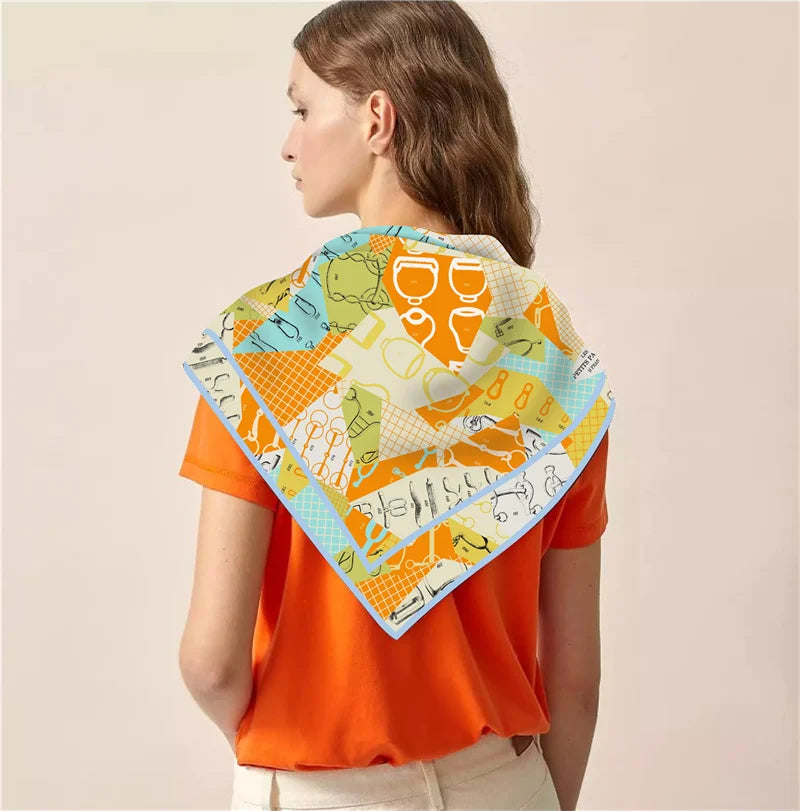 Geometric Saddle Yellow Silk Scarf / 90cm