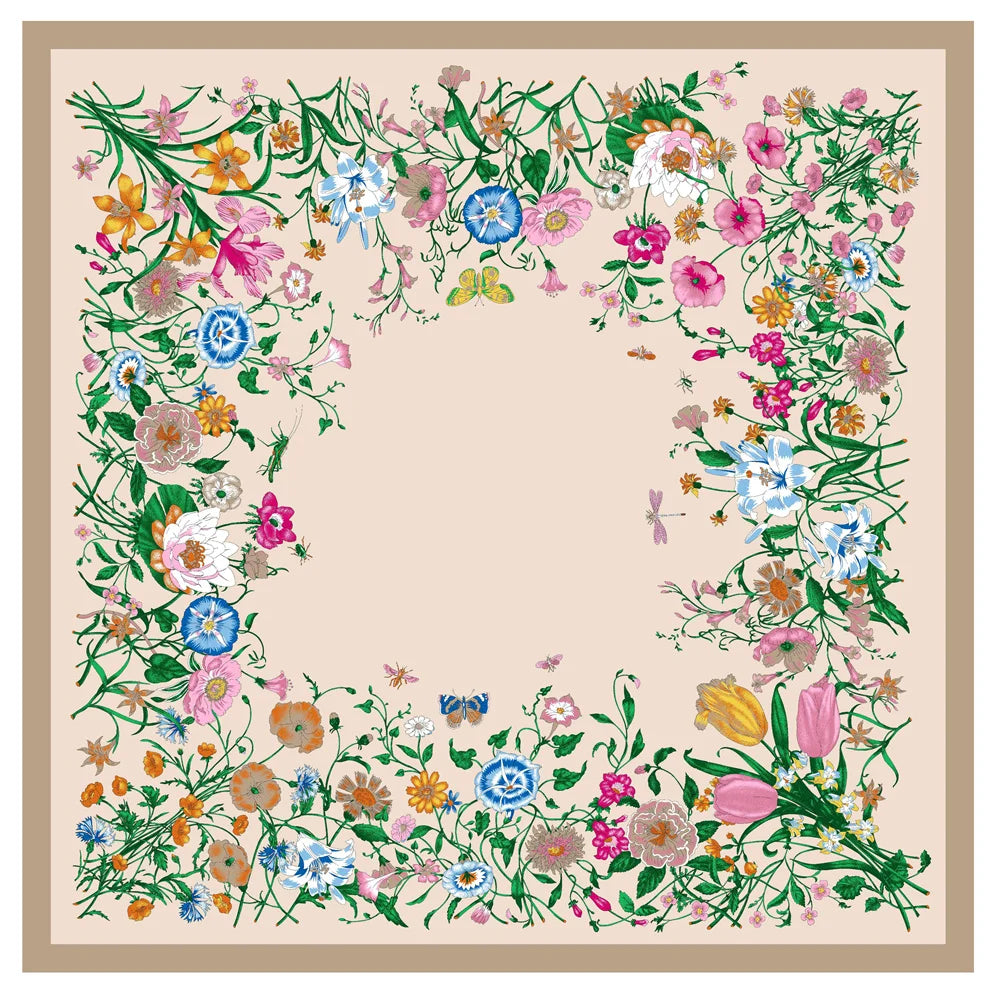Flowers Khaki Silk Scarf / 130cm