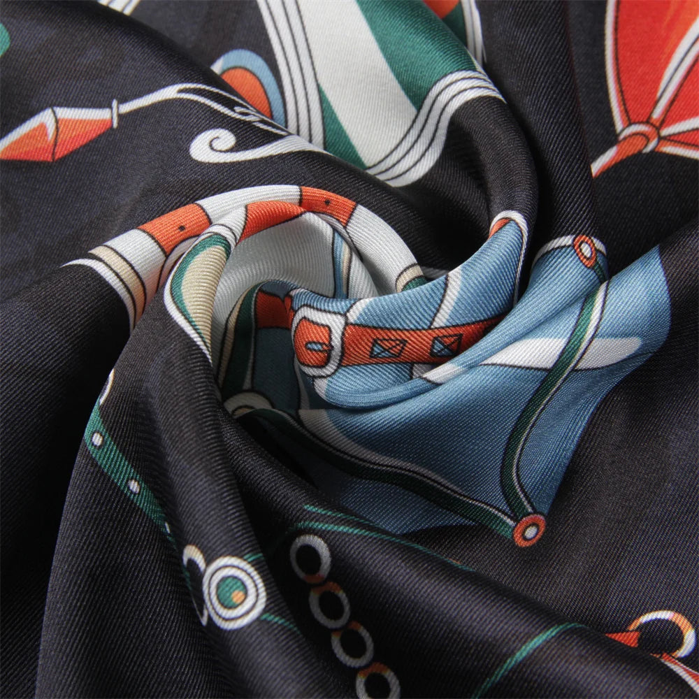 Carriage Wheel Black Silk Scarf / 90cm