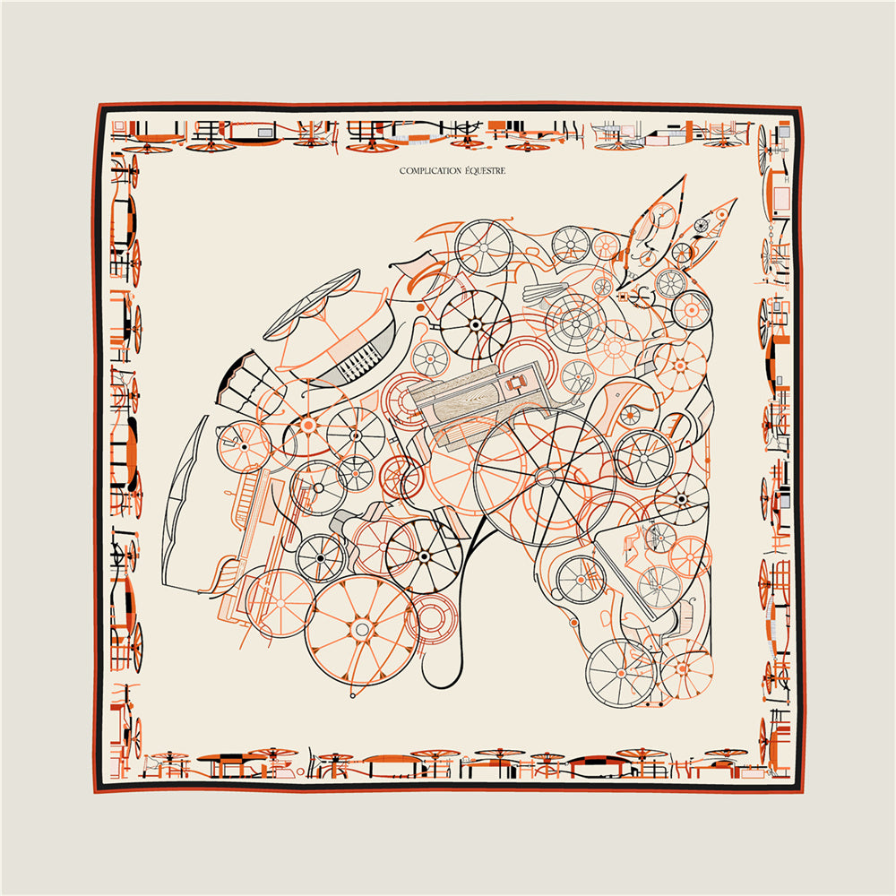 Horse Head Beige & Blue Double Print Scarf / 90cm