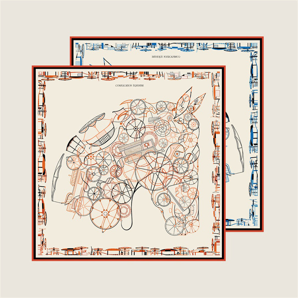 Horse Head Beige & Blue Double Print Scarf / 90cm