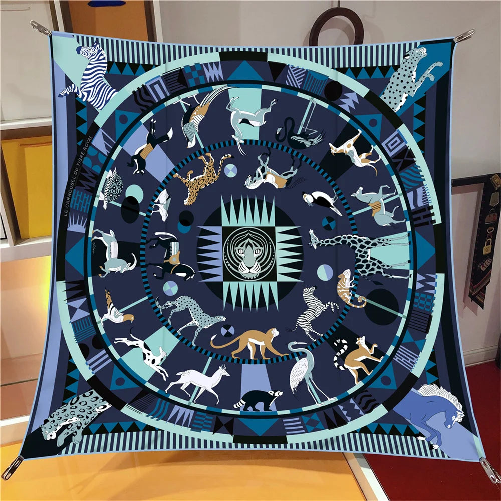 Animals Circle Navy Silk Scarf / 90cm