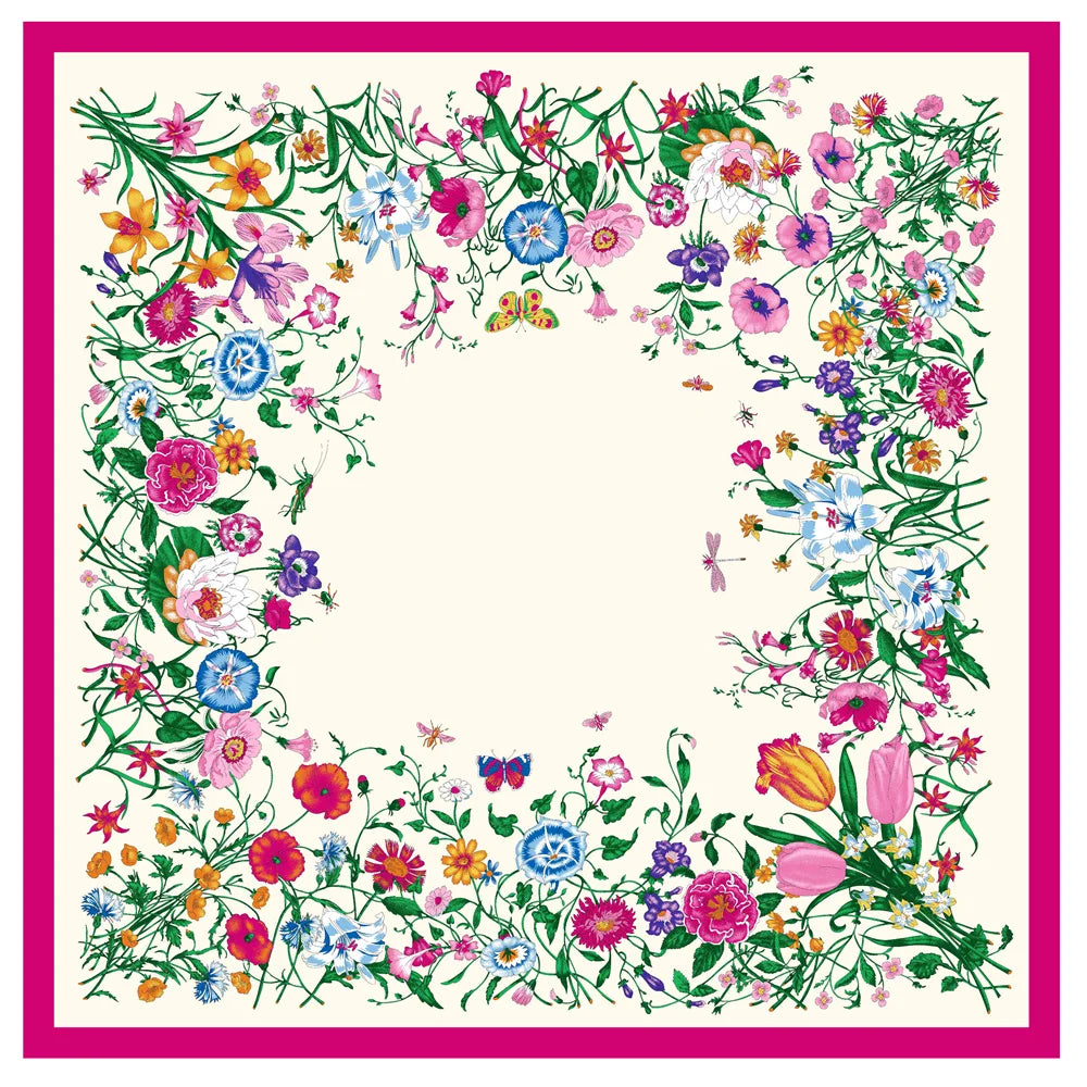 Flowers Beige Silk Scarf / 130cm