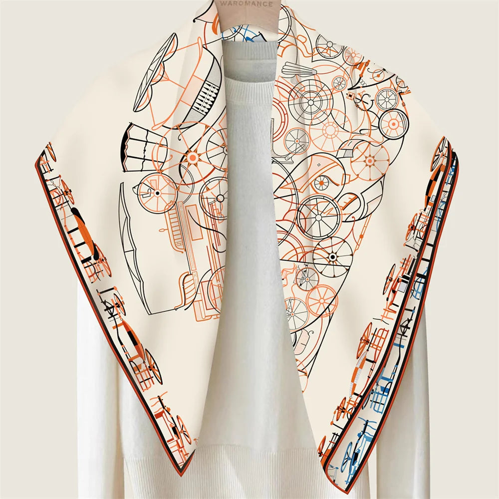 Horse Head Beige & Blue Double Print Scarf / 90cm