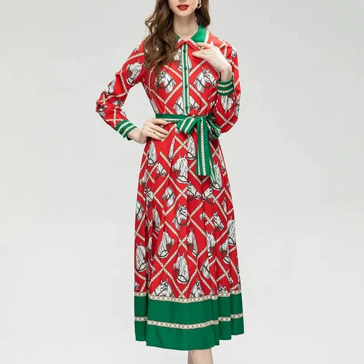 Red Equestrian Print Dress