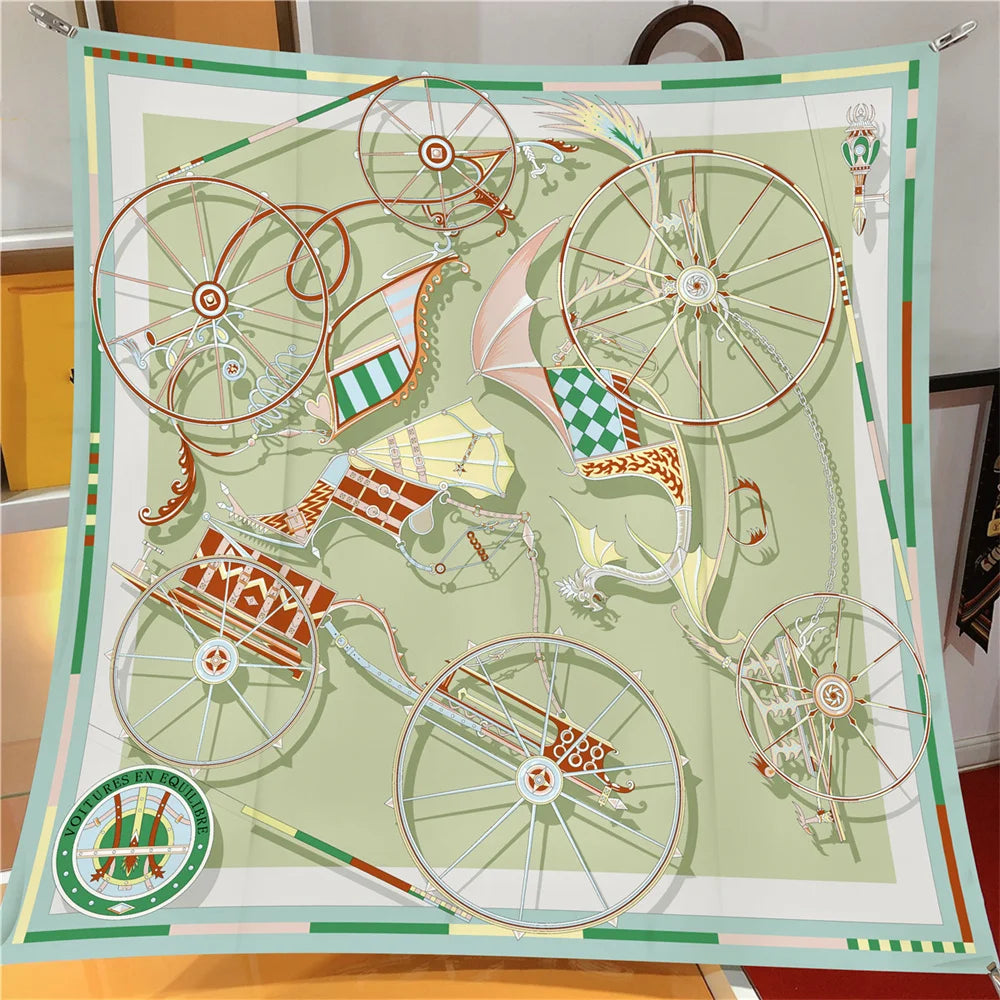 Carriage Wheel Green Silk Scarf / 90cm