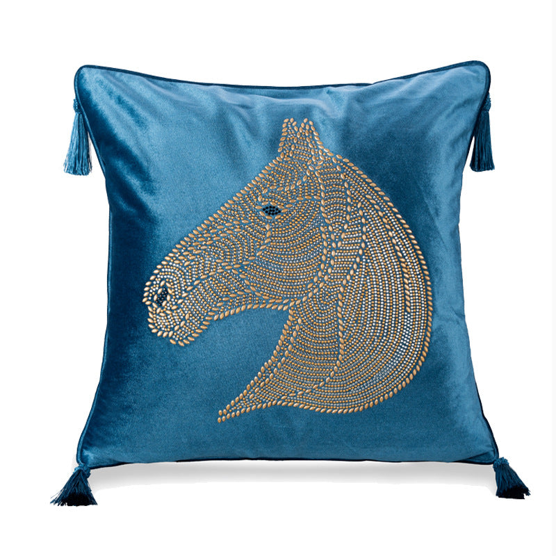 Beaded Horse Head Velvet Pillow Cover with Tassels / Blue