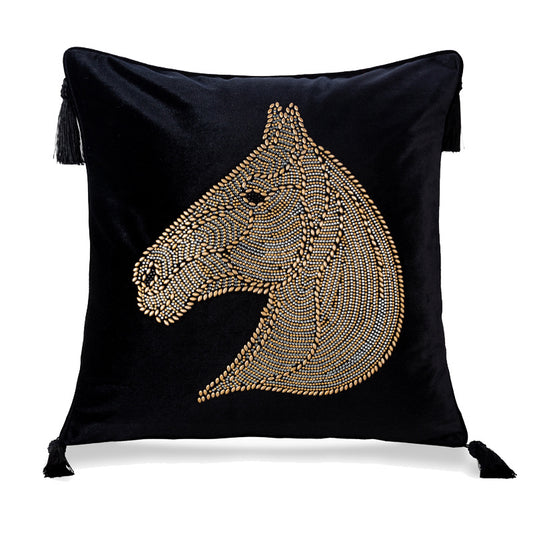 Beaded Horse Head Velvet Pillow Cover with Tassels / Black