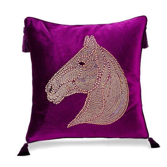 Beaded Horse Head Velvet Pillow Cover with Tassels / Purple