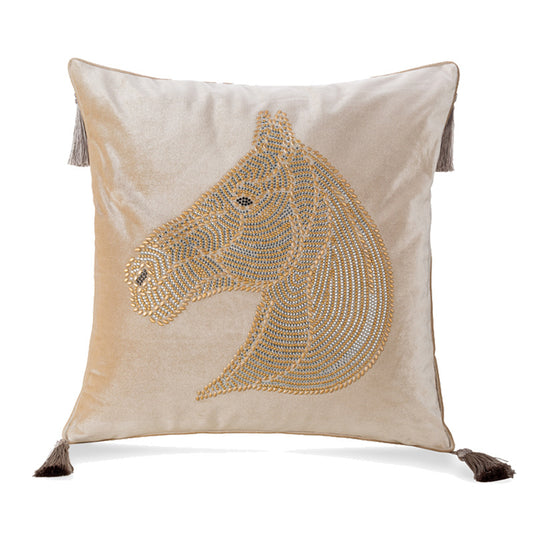 Beaded Horse Head Velvet Pillow Cover with Tassels / Beige