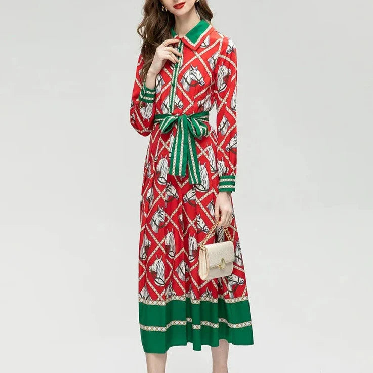 Red Equestrian Print Dress