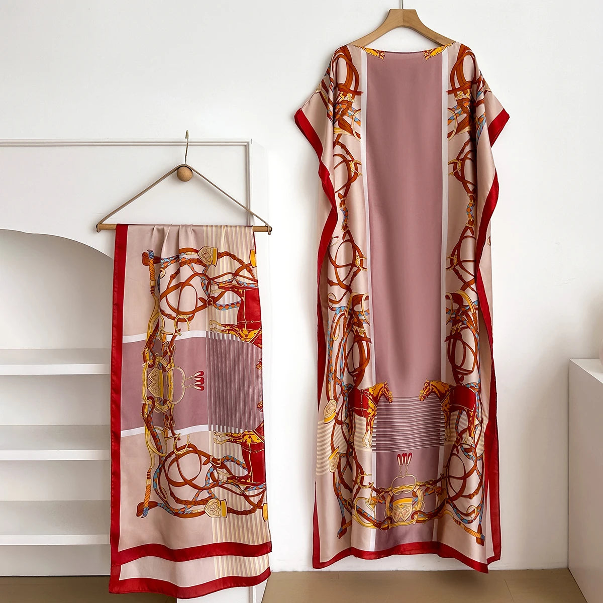 Red Saveria Kaftan Dress & Scarf Set