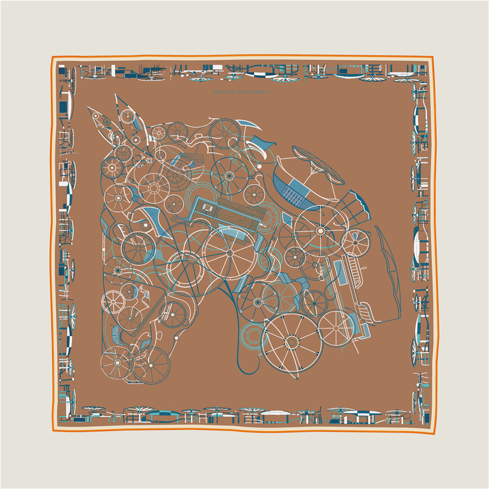 Horse Head Orange & Coffee Double Print Scarf / 90cm