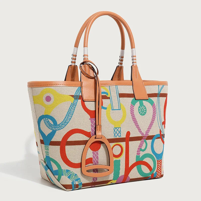 Stella Small Canvas & Leather Tote Bag / Colorful
