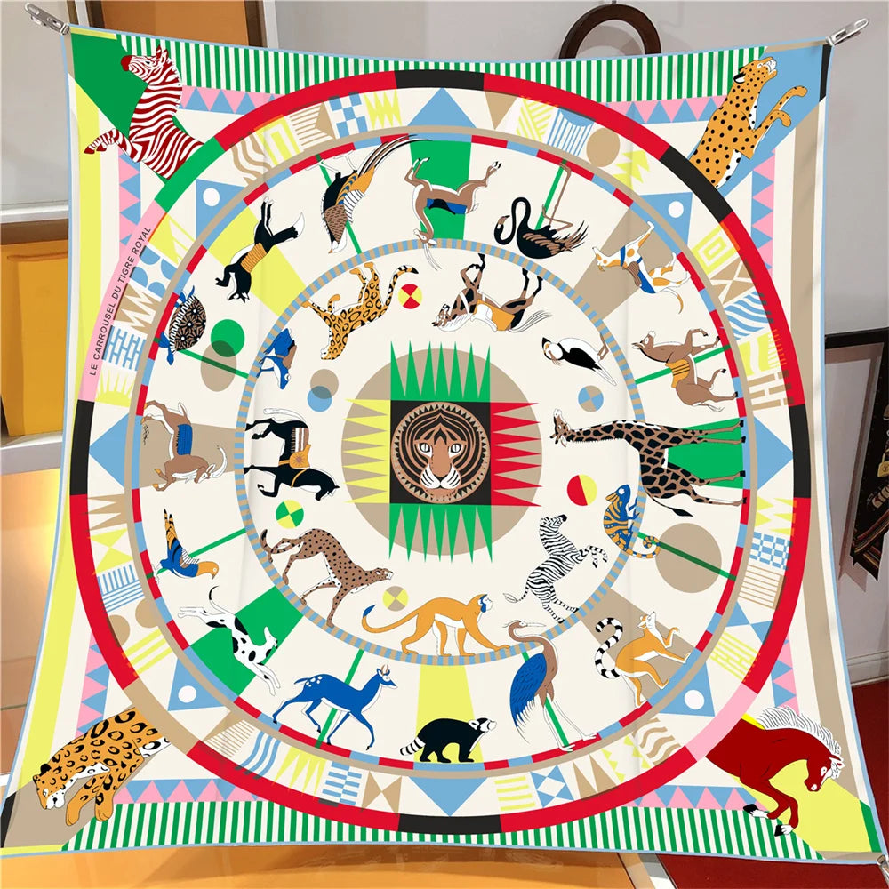 Animals Circle White Silk Scarf / 90cm