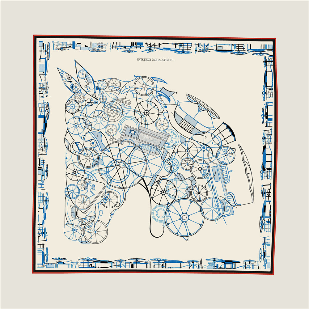 Horse Head Beige & Blue Double Print Scarf / 90cm