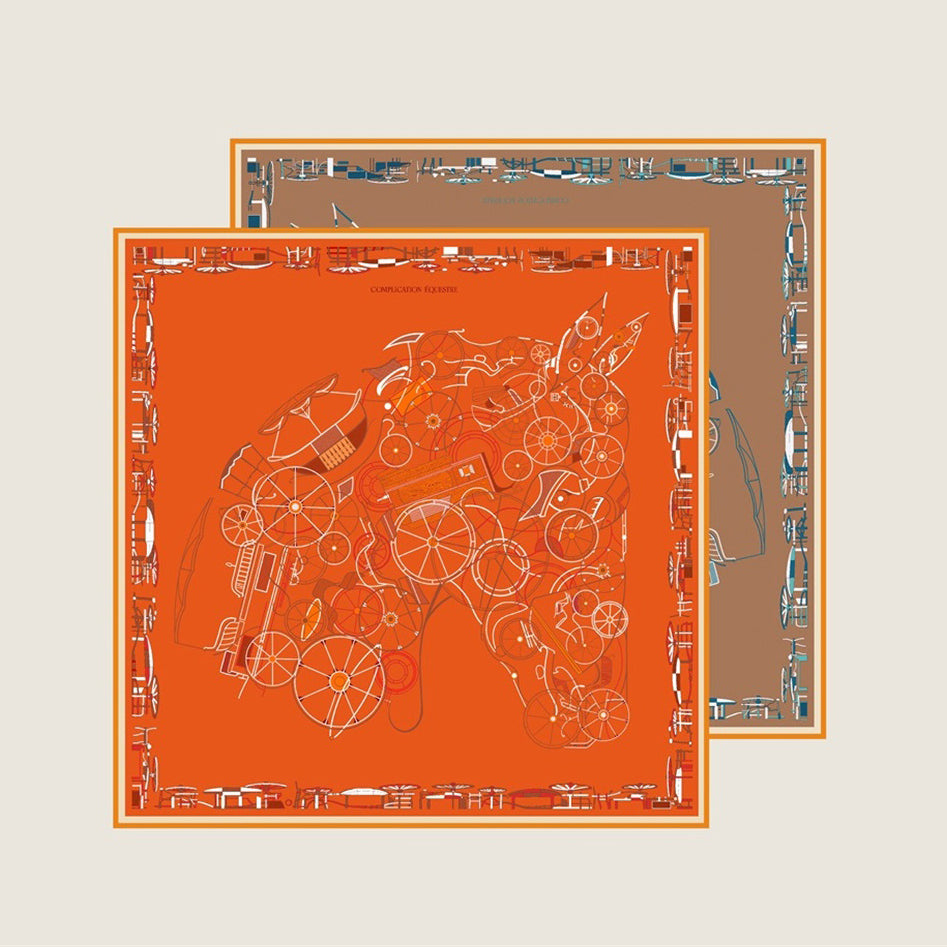 Horse Head Orange & Coffee Double Print Scarf / 90cm
