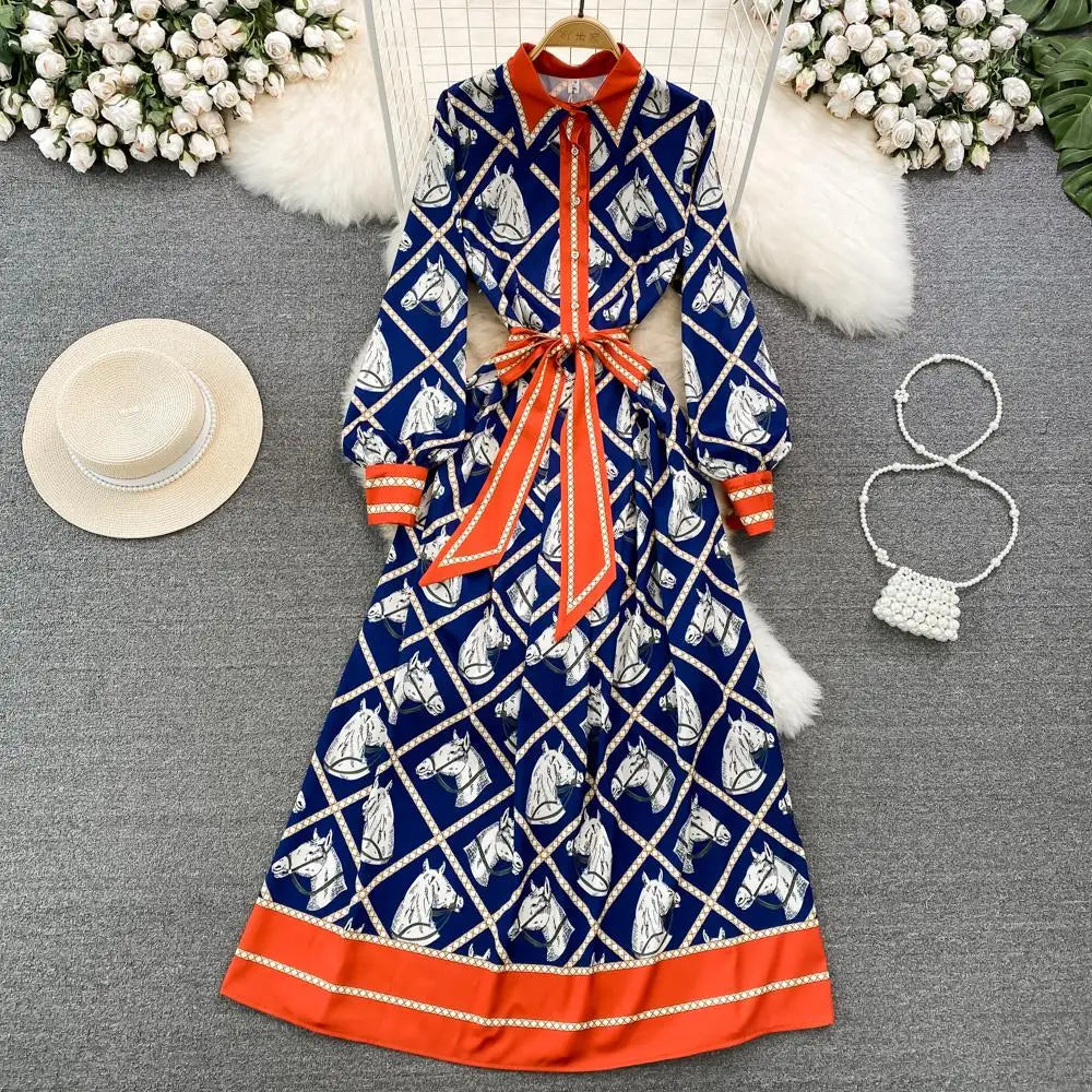 Blue Equestrian Print Dress