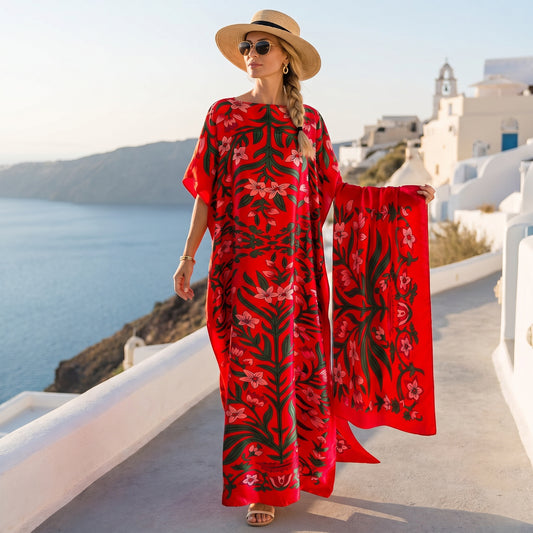 Red Ombretta Kaftan Dress & Scarf Set