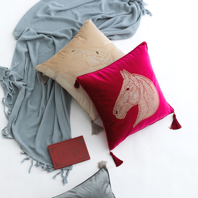 Beaded Horse Head Velvet Pillow Cover with Tassels / Fuchsia