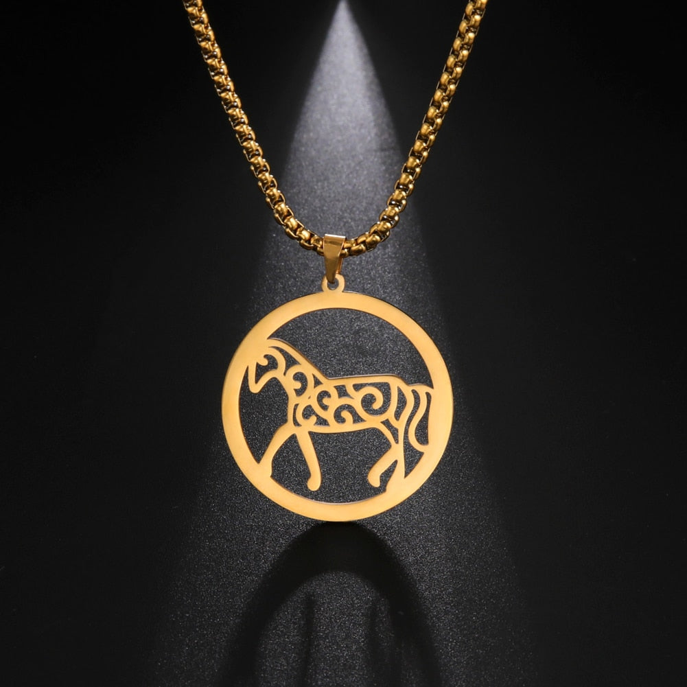 Horse Circle Pendant Necklace (Gold, Silver) - Dogs and Horses