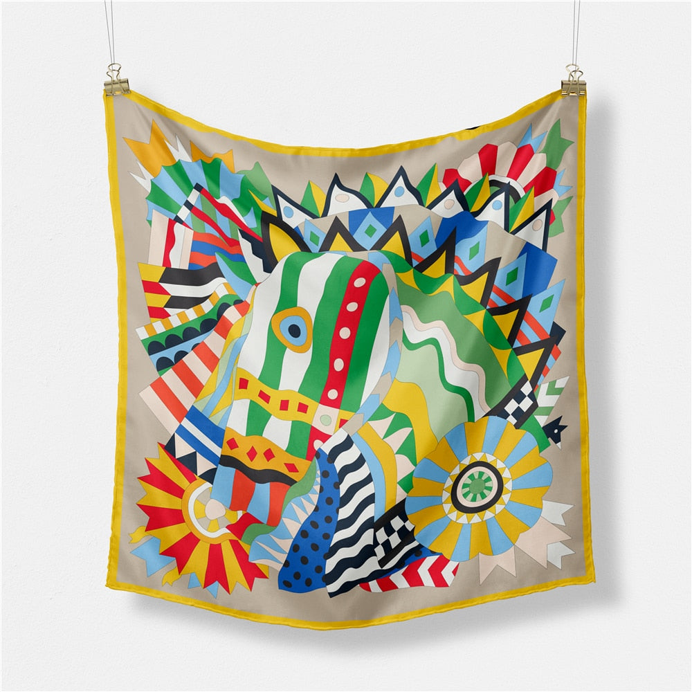 Horse Head Silk Twill Scarf Khaki