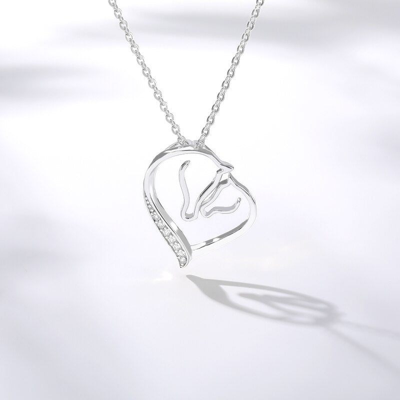 Crystal Heart Horse Necklace (Silver, Gold, Rose Gold) - Dogs and Horses