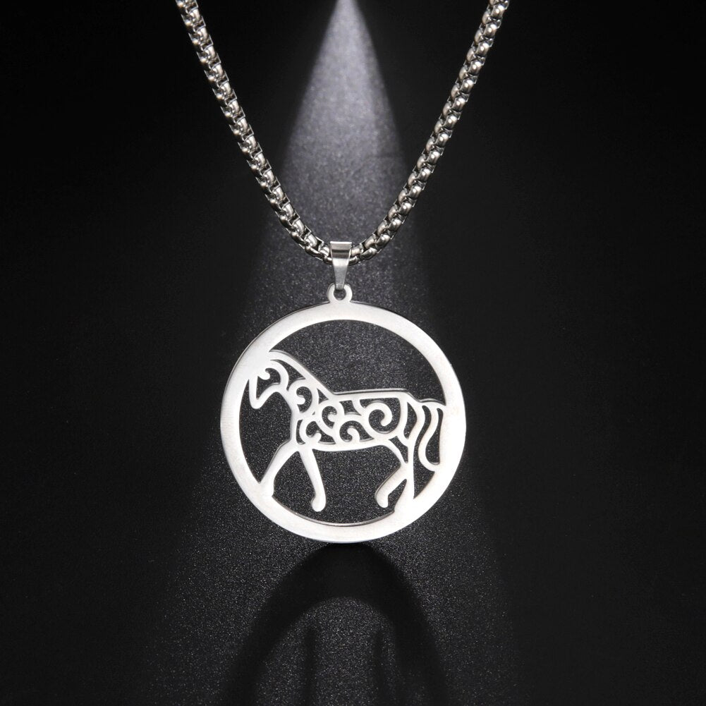 Horse Circle Pendant Necklace (Gold, Silver) - Dogs and Horses