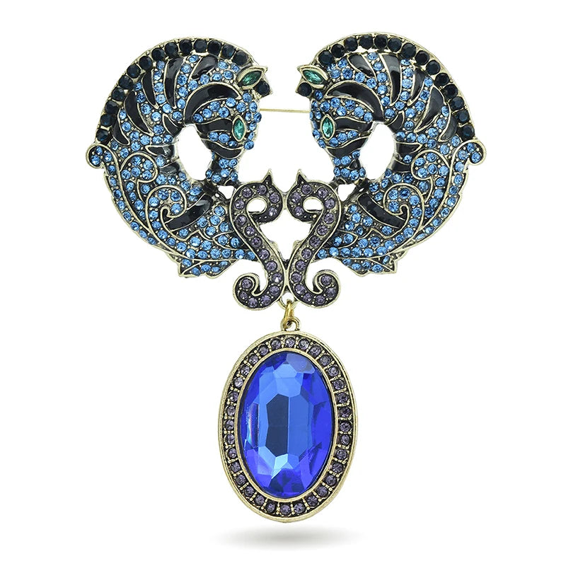 Crystal Horse Heads Brooch