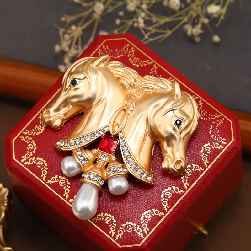 Enamel Horse Heads Brooch