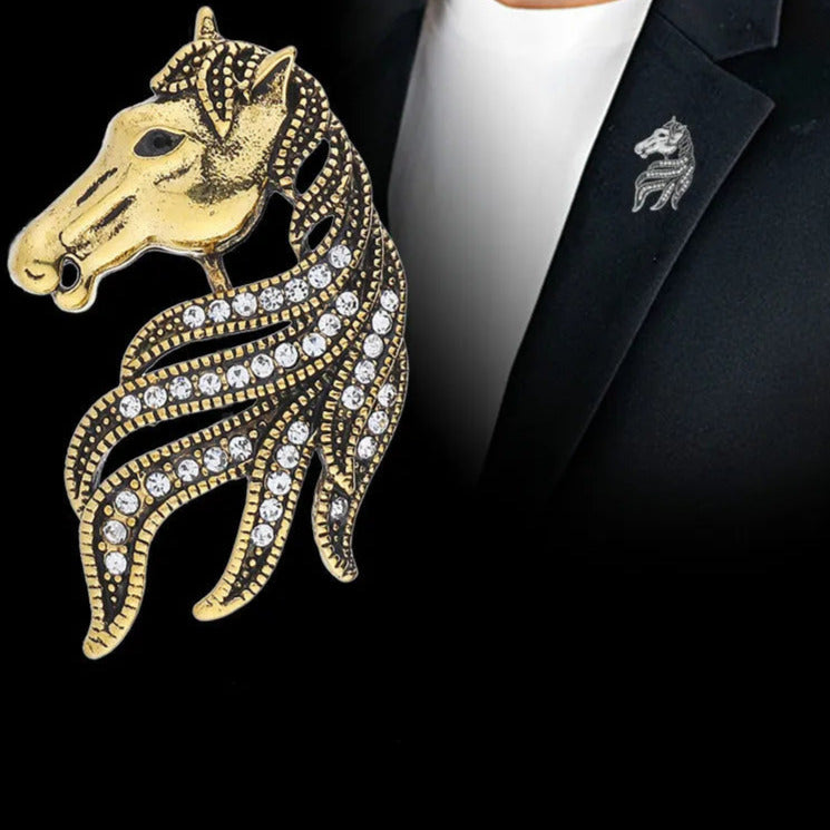 Vintage Crystal Horse Head Brooch (Vintage Gold)