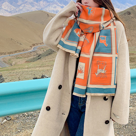 Gaelle Pashmina Scarf Orange & Blue