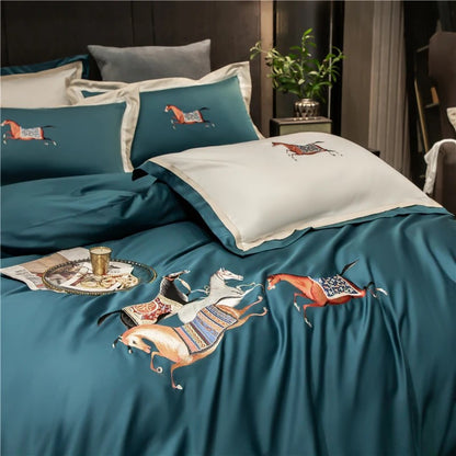 4 or 6 Piece Embroidered Egyptian Cotton Sateen Bedding Set (Bastien Blue)