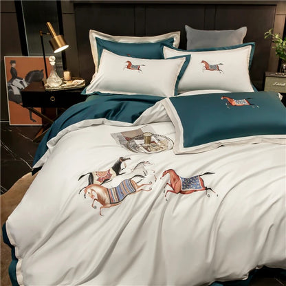 4 or 6 Piece Embroidered Egyptian Cotton Sateen Bedding Set (Bastien White)