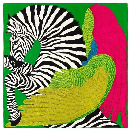 Zebra Wings Green Silk Scarf / 90cm