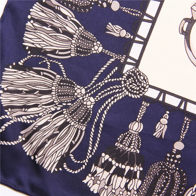 Tassel Chain Navy Silk Scarf / 90cm