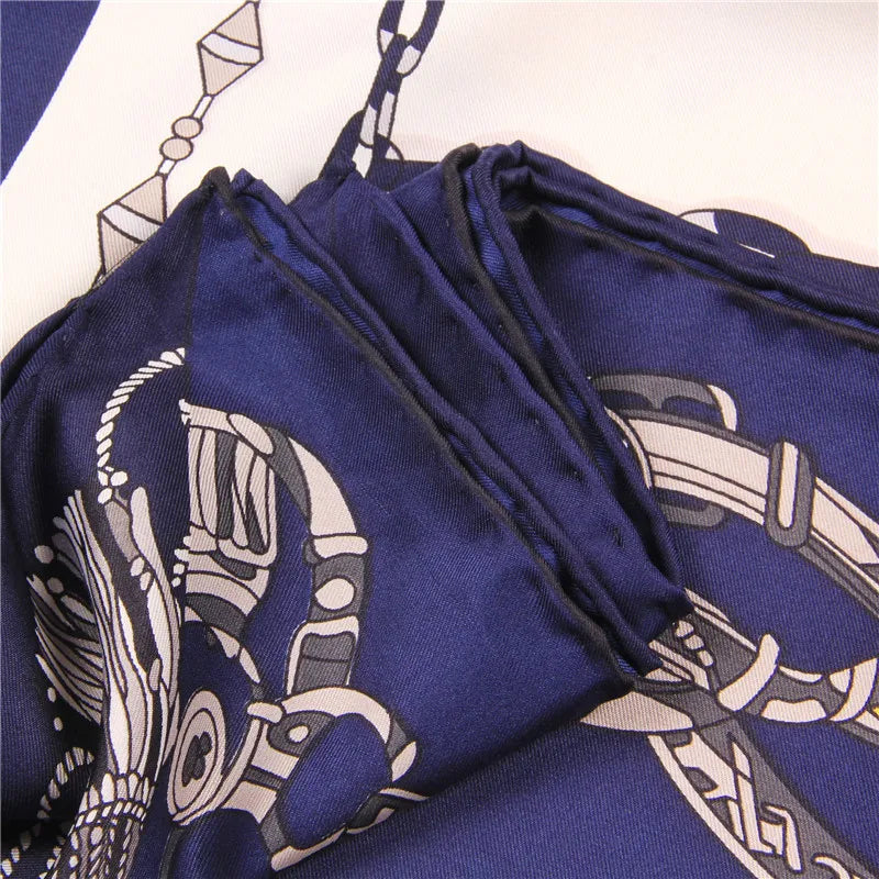 Tassel Chain Navy Silk Scarf / 90cm