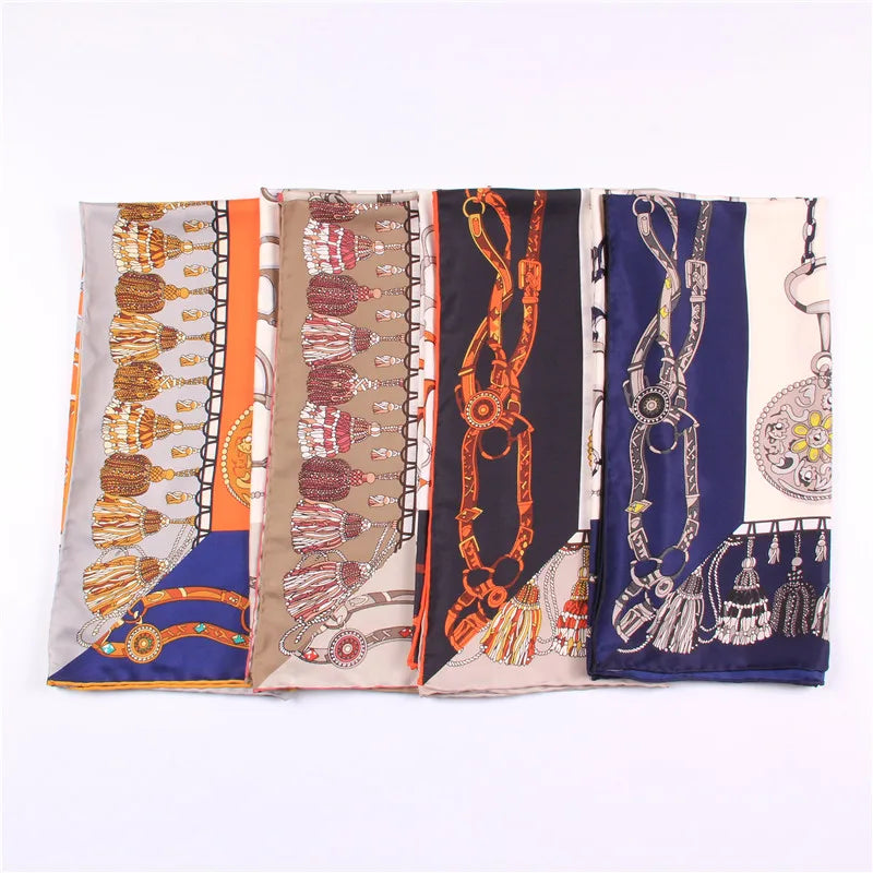 Tassel Chain Navy Silk Scarf / 90cm