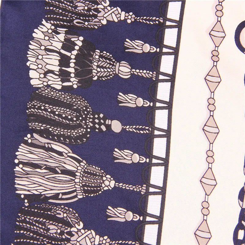 Tassel Chain Navy Silk Scarf / 90cm