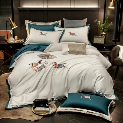 4 or 6 Piece Embroidered Egyptian Cotton Sateen Bedding Set (Bastien White)
