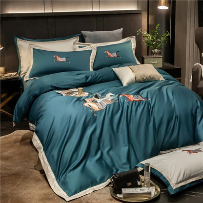 4 or 6 Piece Embroidered Egyptian Cotton Sateen Bedding Set (Bastien Blue)