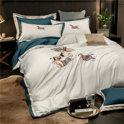 4 or 6 Piece Embroidered Egyptian Cotton Sateen Bedding Set (Bastien White)