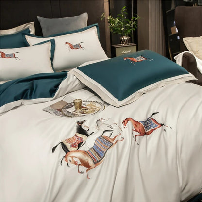 4 or 6 Piece Embroidered Egyptian Cotton Sateen Bedding Set (Bastien White)